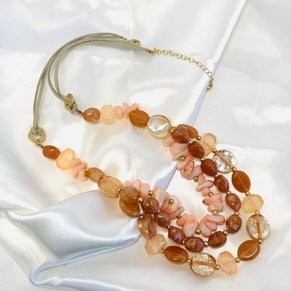 Multi-Layered Beaded Necklace Semi Precious Stones Glass Beads Leather Peach - Picture 4 of 6